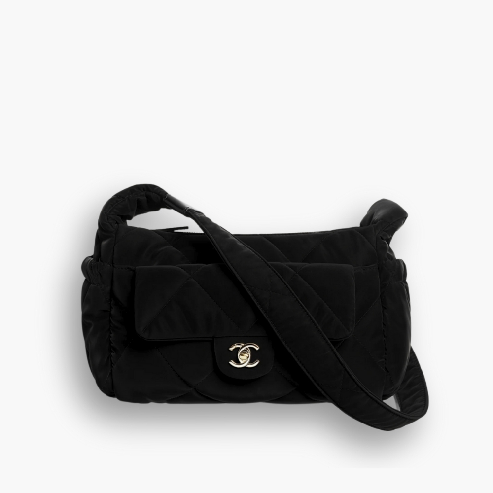 Chanel Large Bowling Bag Velvet Effect Nylon Gold Tone Metal In Black 27Cm AS5054 B21379 94305