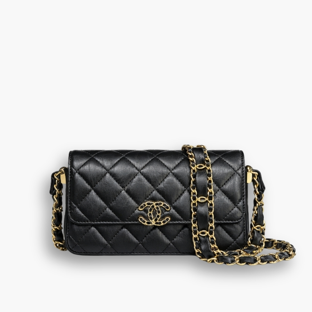 Chanel Phone Holder with Chain Aged Leather Black 18cm AP3570 B14306 94305