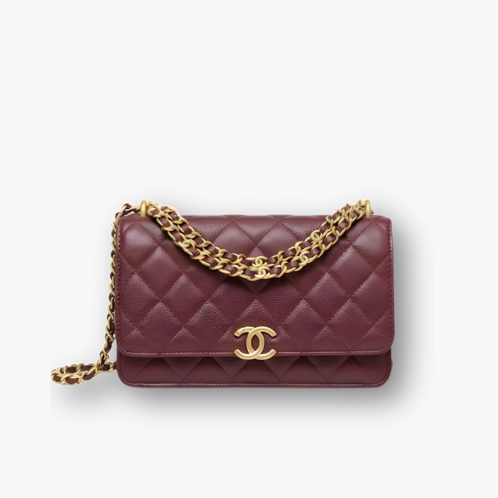 Chanel Wallet On Chain Gold Tone Metal Dark Burgundy 19Cm