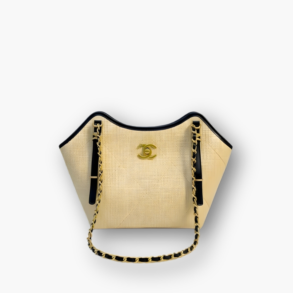 Chanel Small Shopping Bag Braided Raffia Effect Canvas And Gold Tone Metal In Beige 20Cm