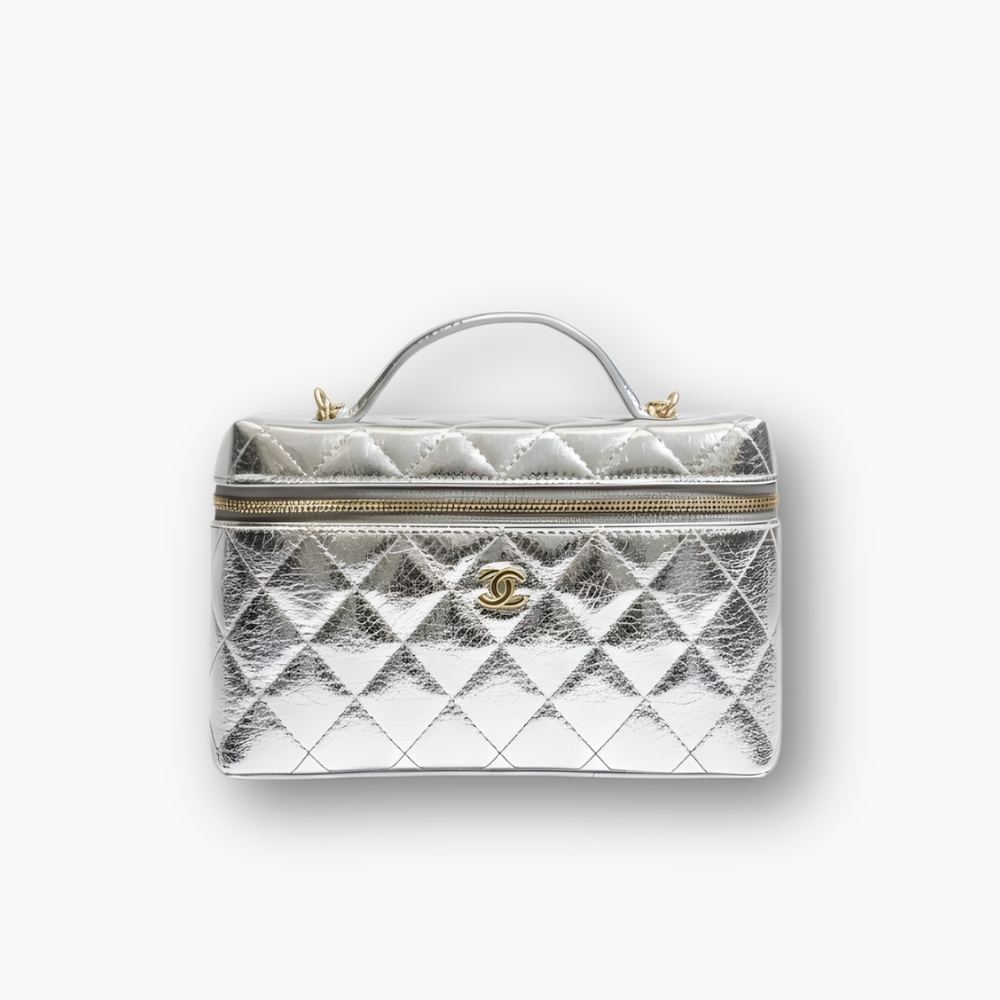 Chanel Vanity Case With Chain Metallic Silver 20Cm