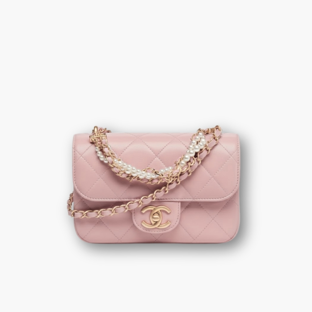 Chanel Mini Flap Bag in Shiny Leather and Pearls Light Pink 20Cm