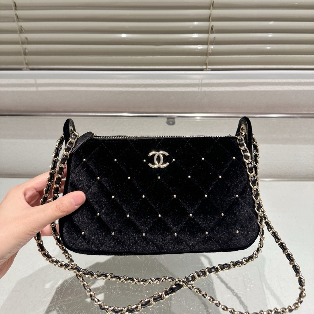 Alternative view of Chanel Velvet Crystal Quilted Chain Hobo Bag In Black 22Cm AP4861 B17652 93405
