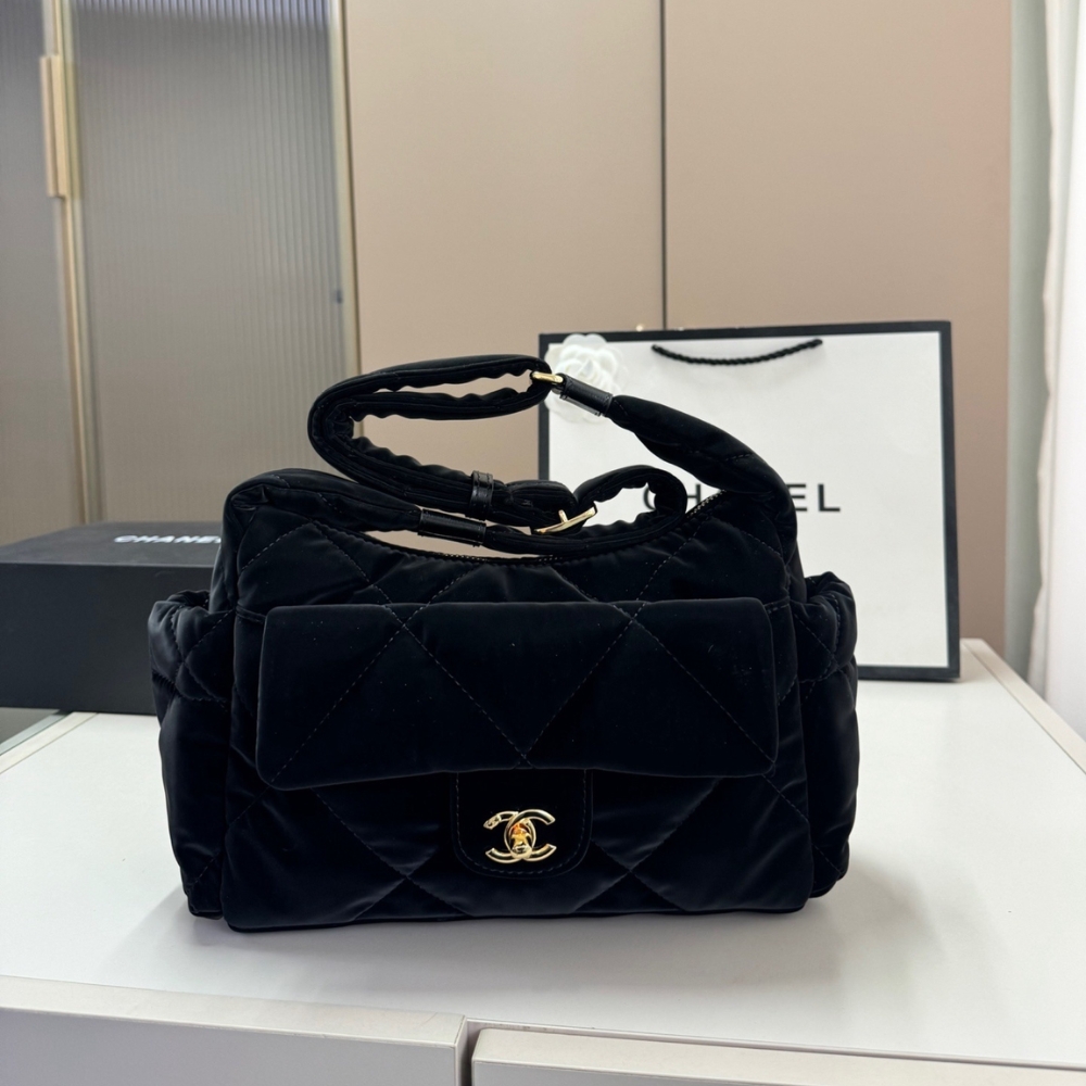 Chanel Large Bowling Bag Velvet Effect Nylon Gold Tone Metal In Black 27Cm AS5054 B21379 94305 - Image 3