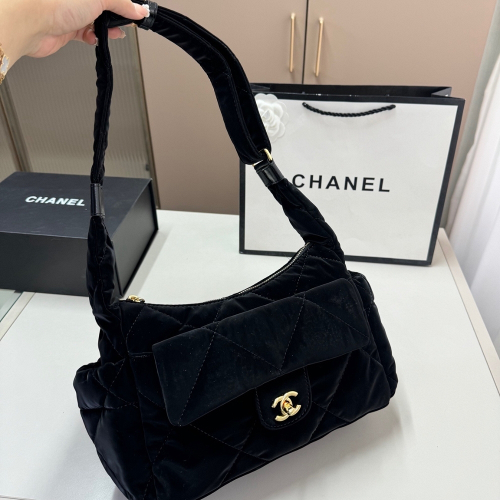 Alternative view of Chanel Large Bowling Bag Velvet Effect Nylon Gold Tone Metal In Black 27Cm AS5054 B21379 94305