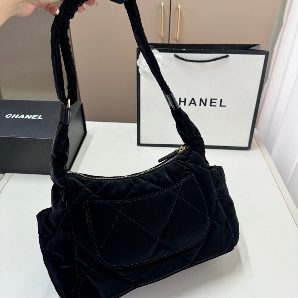 Chanel Large Bowling Bag Velvet Effect Nylon Gold Tone Metal In Black 27Cm AS5054 B21379 94305 - Image 7