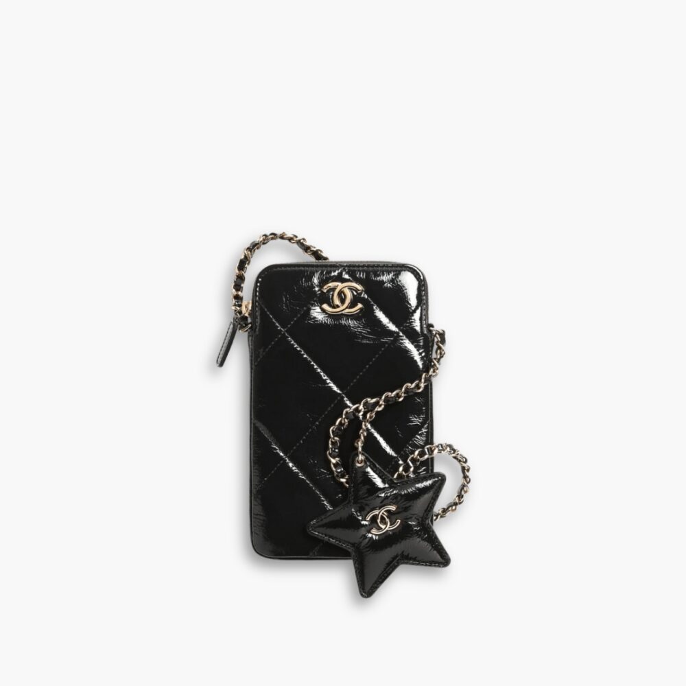 Chanel Phone Holder With Chain Shiny Crumpled And Gold Tone Metal Black 18Cm AP4777 B21296 94305