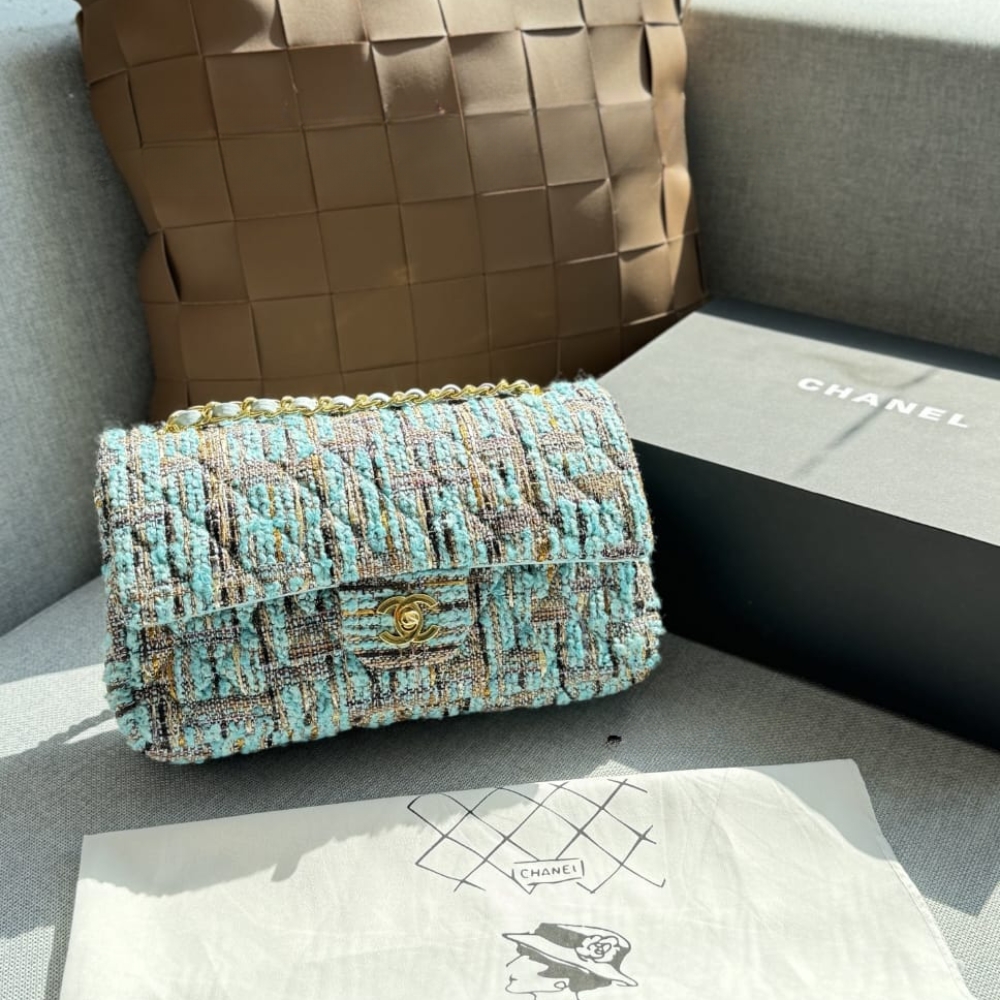 Alternative view of Chanel Classic Double Flap Bag Tweed Multicolor Blue 26cm