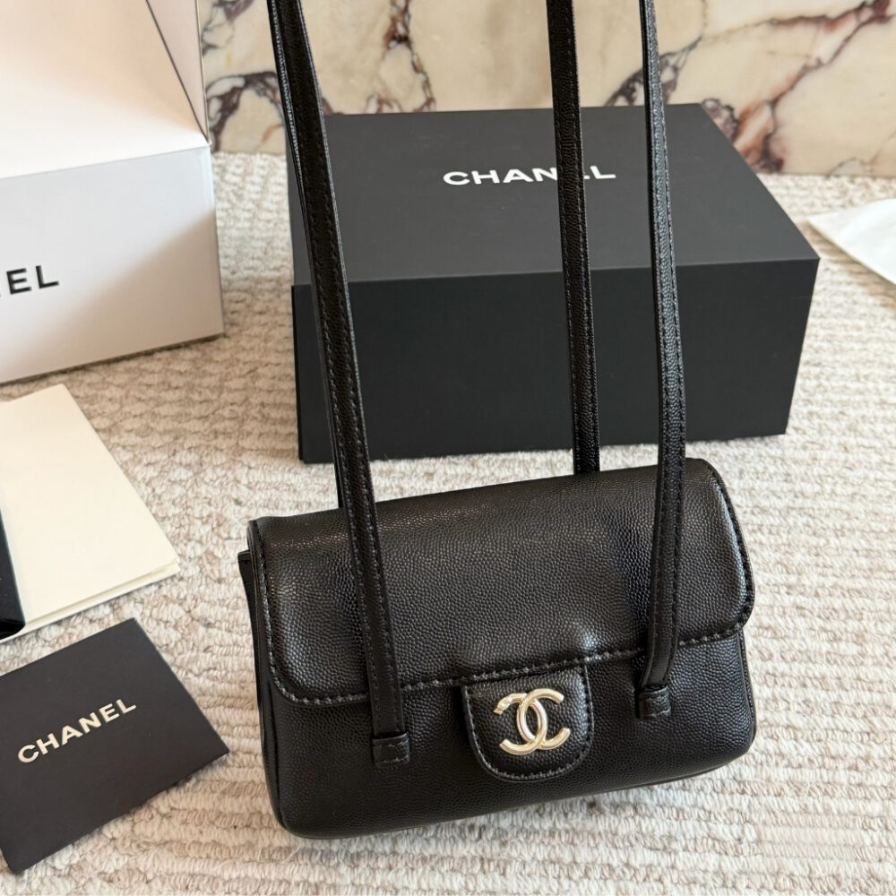 Alternative view of Chanel Clutch With Leather Strap Grained Shiny And Gold Tone Black 17cm