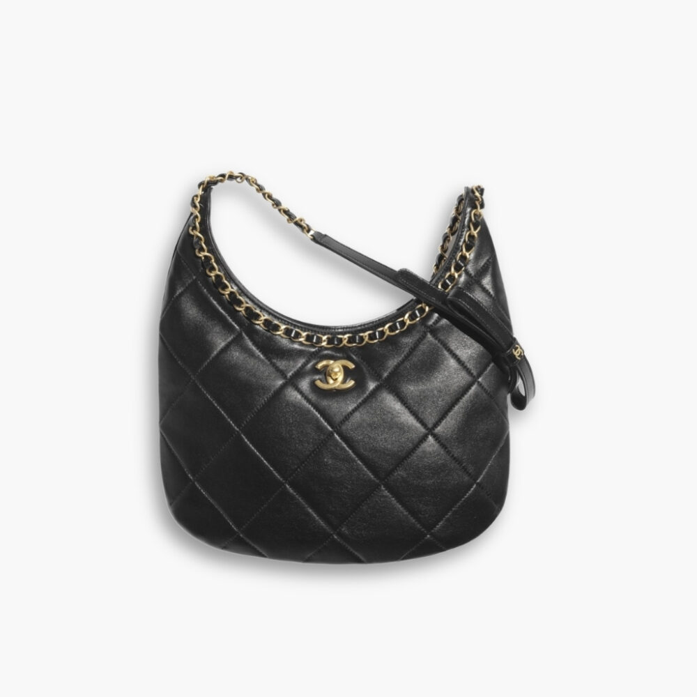 Chanel Hobo Handbag Shiny And Gold Tone Black 27Cm AS5419 B19643 94305