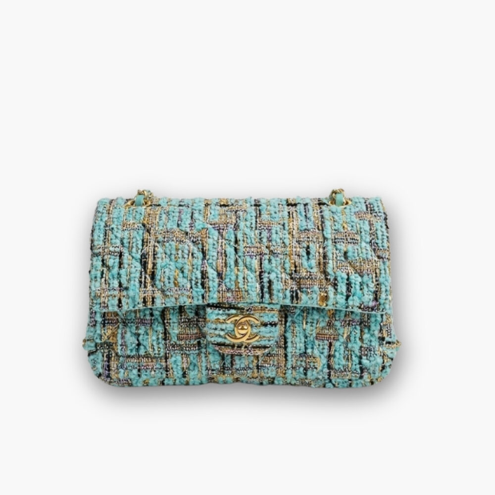 Chanel Classic Double Flap Bag Tweed Multicolor Blue 26cm