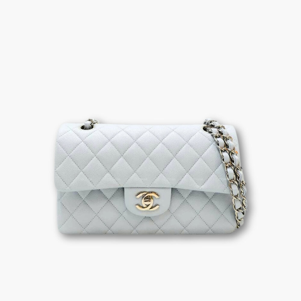 Chanel Medium Classic Flap Bag Gold Tone Hardware Baby Blue 25Cm
