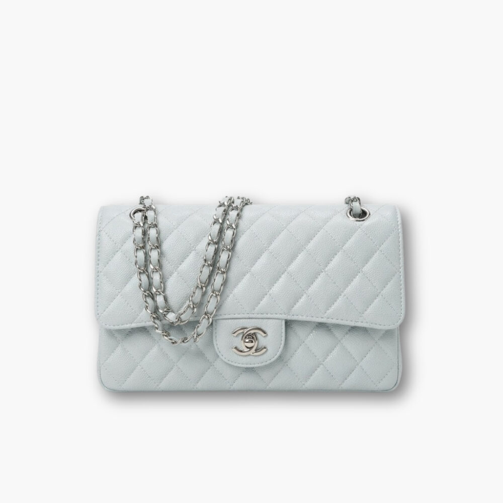 Chanel Classic Double Flap Bag Silver Hardware Baby Blue 25cm