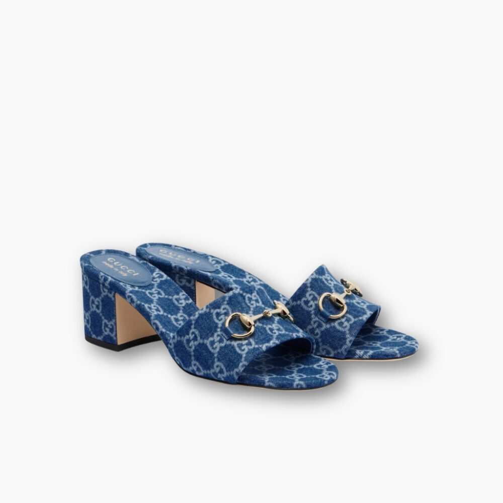 Gucci Women Slide Sandal With Horsebit Blue GG Denim 854882 FAFGT 4746