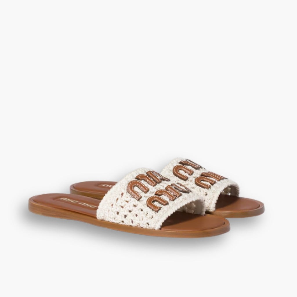 Miu Miu Crochet And Leather Slides Ivory 5XX667 2BDF F0304 F 005