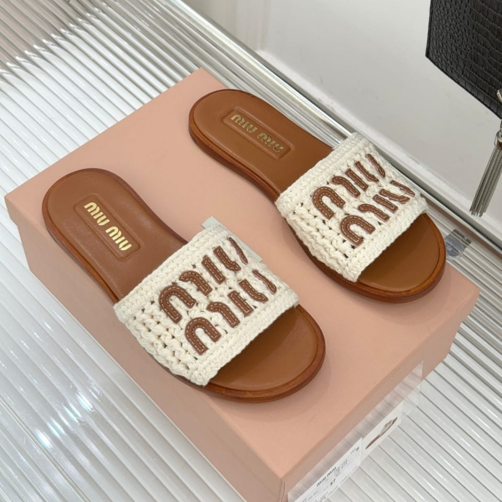 Miu Miu Crochet And Leather Slides Ivory 5XX667 2BDF F0304 F 005 - Image 2