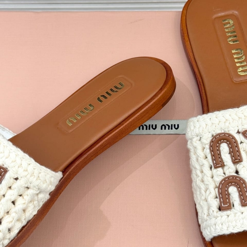 Miu Miu Crochet And Leather Slides Ivory 5XX667 2BDF F0304 F 005 - Image 6