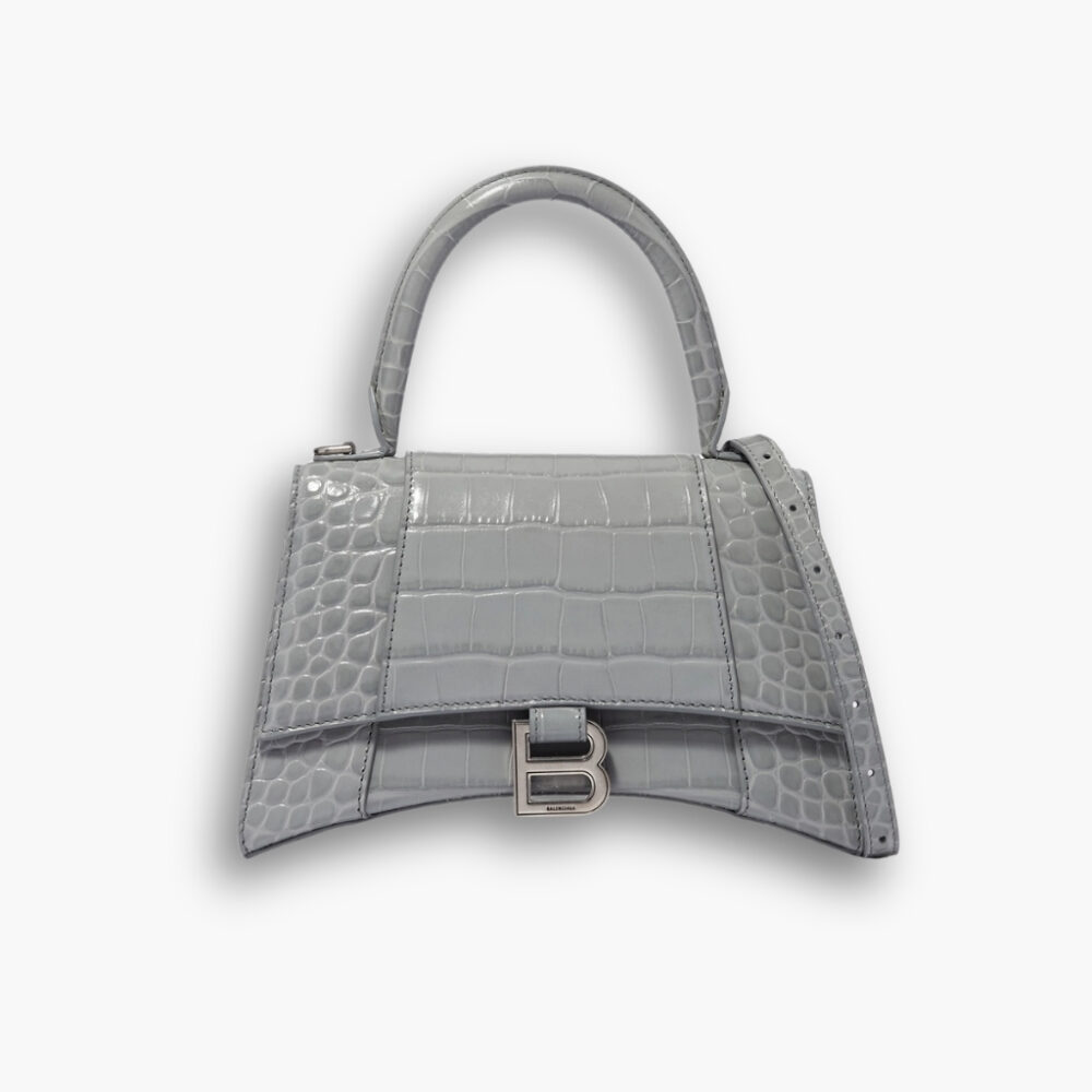 Balenciaga Hourglass Small Top Handle in Shiny Croco Leather Bag Grey 23cm