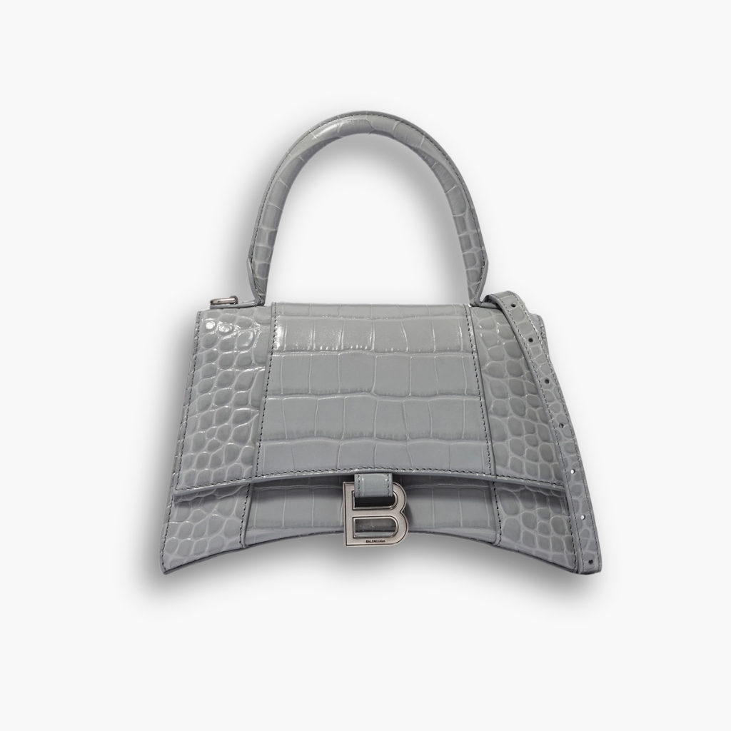 Balenciaga Hourglass Small Top Handle in Shiny Croco Leather Bag Grey 23cm
