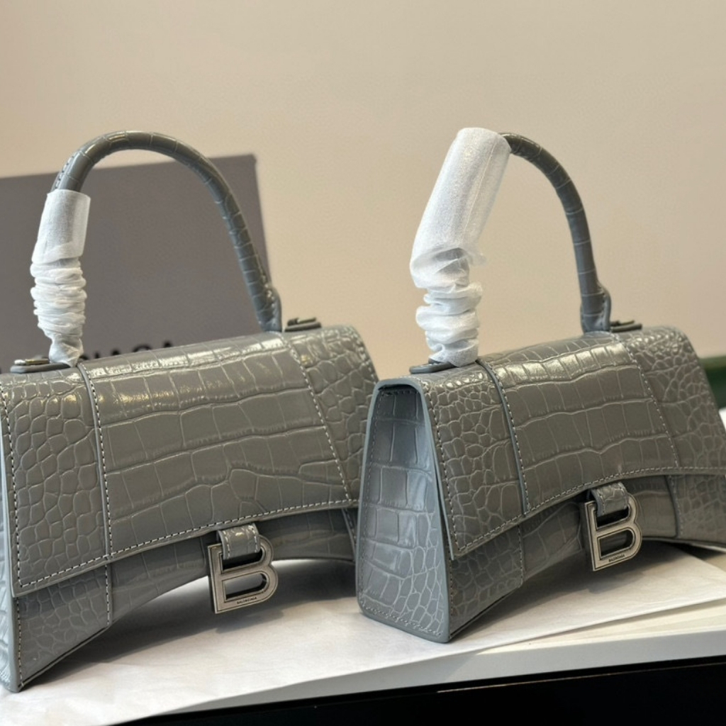 Balenciaga Hourglass Small Top Handle in Shiny Croco Leather Bag Grey 23cm - Image 2