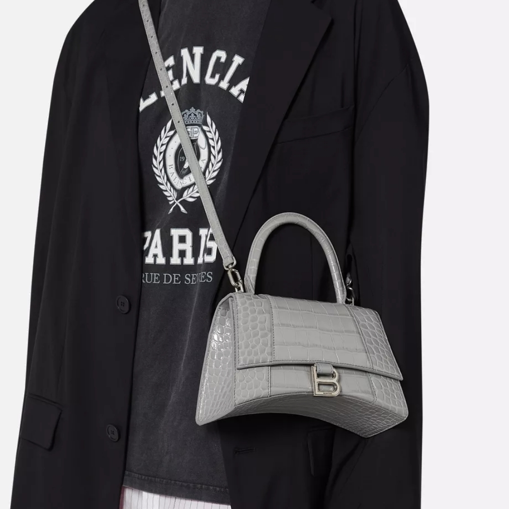 Balenciaga Hourglass Small Top Handle in Shiny Croco Leather Bag Grey 23cm - Image 3