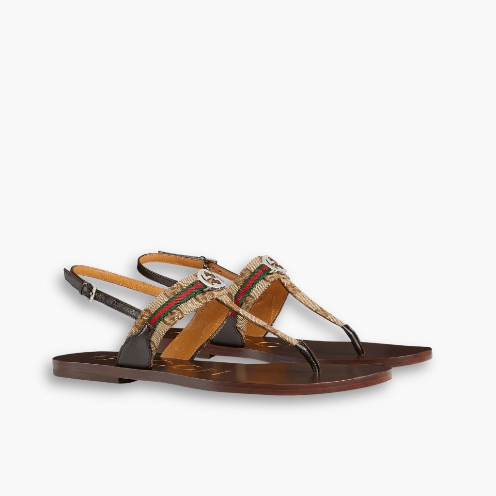Gucci Women's Interlocking G Web Sandal Beige And Ebony 782421 FADC3 9764